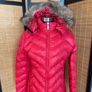Women’s Red Moncler Down Puffer Jacket with Real Rabbit Fur lined hood Size 3
